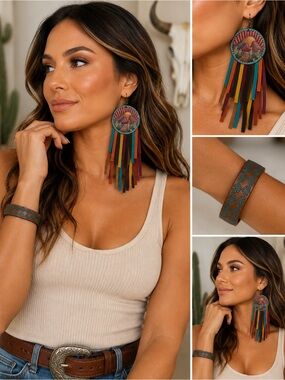JUSTIN Genuine Leather Western Earrings & Bracelet Set Southwestern NWT